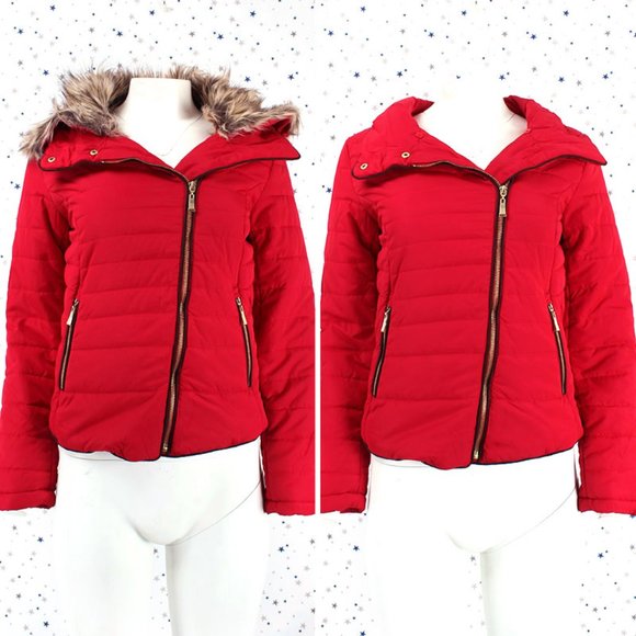 Removable Faux Fur Collar Puffer Jacket Red - Picture 1 of 8